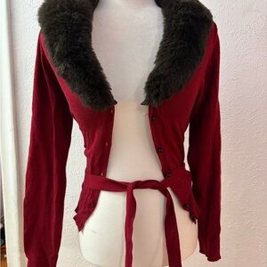 Merona Red Cardigan Sweater Faux Fur Collar Tie Waist Small